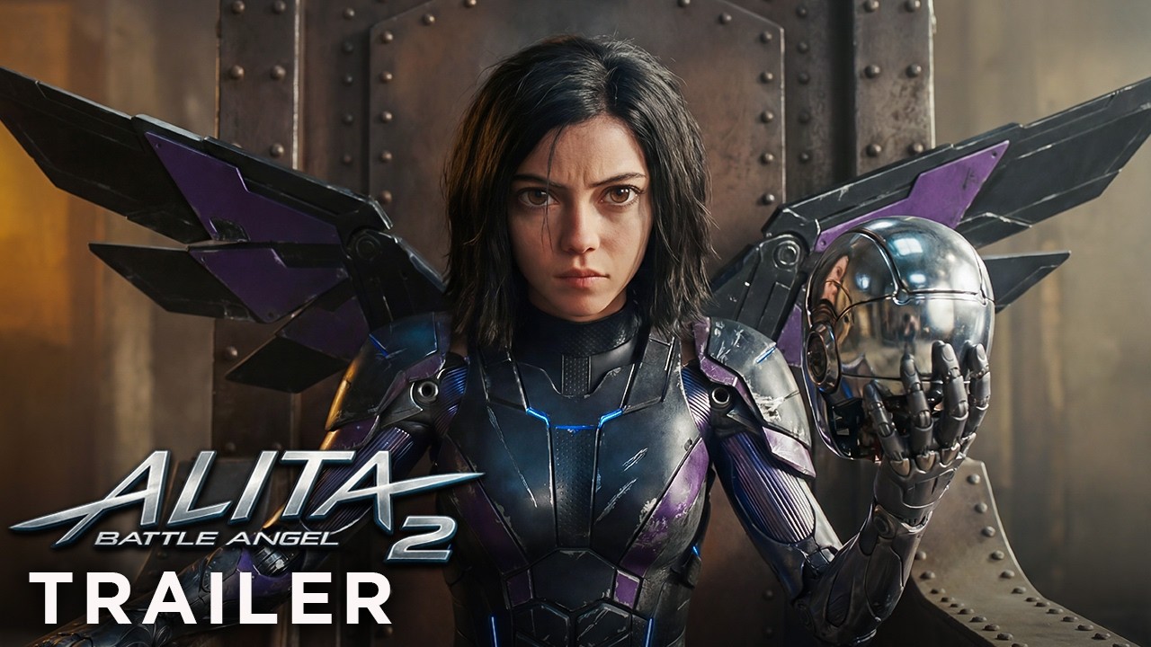 Alita Battle Angel 2 - Rosa Salazar as Alita holding helmet with mechanical wings