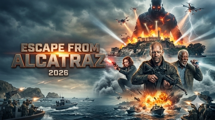 Escape from Alcatraz 2026 epic action poster featuring massive robot, military assault and explosive battle scenes
