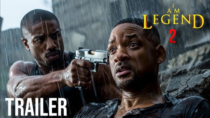 I Am Legend 2 2026 teaser trailer poster with Will Smith and Michael B Jordan in intense rainy action scene holding gun post-apocalyptic