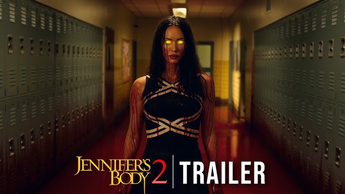 Megan Fox as Jennifer Check with glowing yellow eyes in Jennifer's Body 2 2026 concept teaser trailer horror scene in school hallway