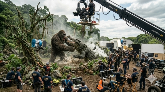 Behind the scenes of Kong Skull Island 2 2026 - King Kong vs giant crocodile fight scene with film crew and camera equipment