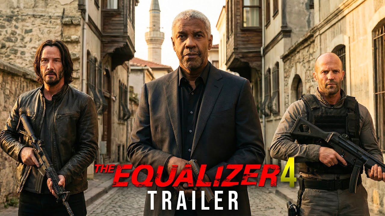 The Equalizer 4 official trailer poster featuring Denzel Washington, Keanu Reeves, and Jason Statham holding weapons in a narrow street