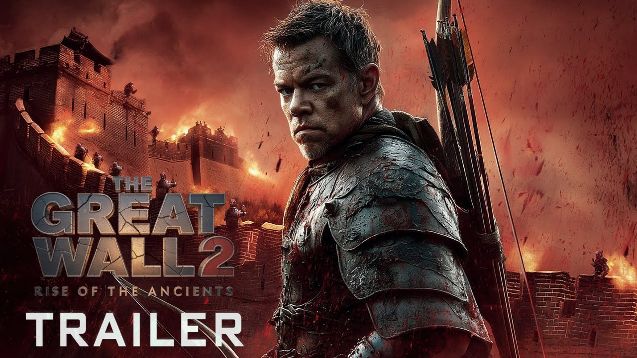 Matt Damon in The Great Wall 2 2026 concept trailer as William Garin standing on the burning Great Wall fighting ancient monsters