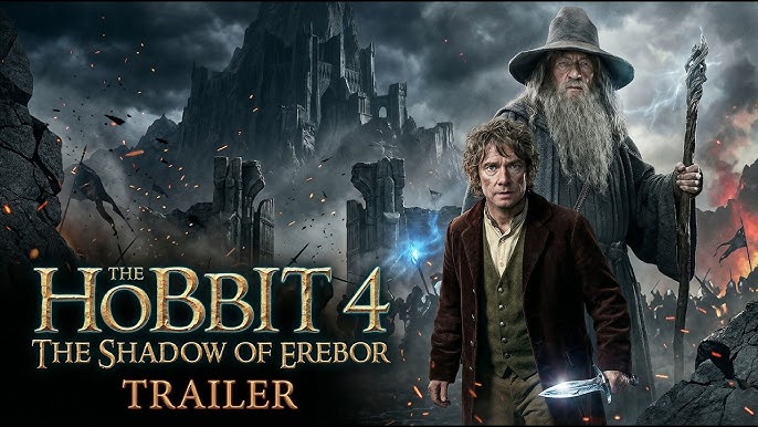 The Hobbit 4 The Shadow of Erebor 2026 official teaser trailer poster with Martin Freeman as Bilbo Baggins and Ian McKellen as Gandalf in front of the ruined Lonely Mountain