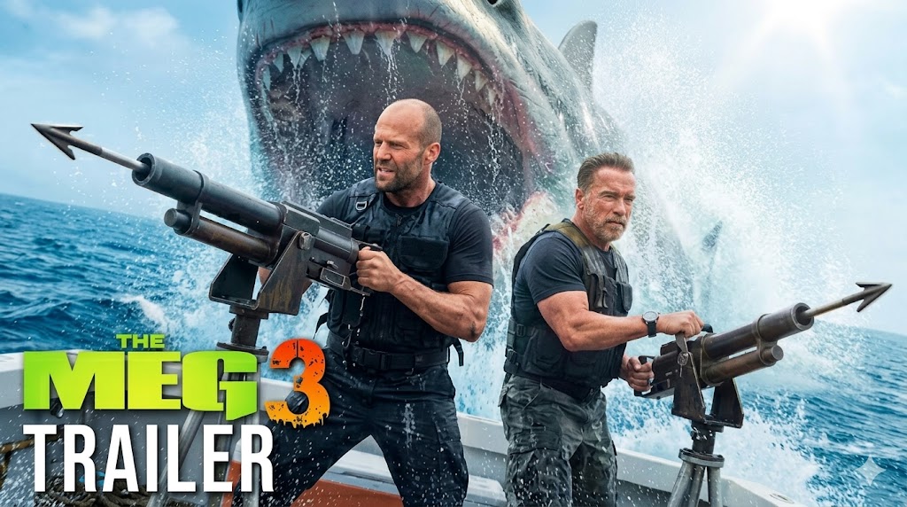 The Meg 3 movie scene featuring Jason Statham and Arnold Schwarzenegger using harpoon guns against a giant shark on a boat.
