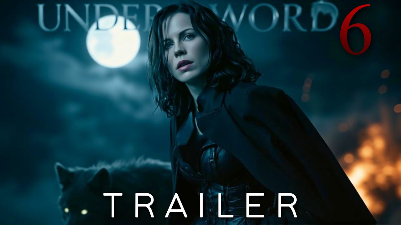 Kate Beckinsale as Selene standing in front of a full moon with a black wolf - Underworld 6 Trailer