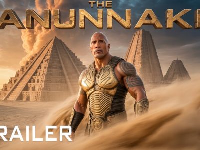 Anunnaki 2026 movie poster featuring Dwayne Johnson in desert with ancient pyramids