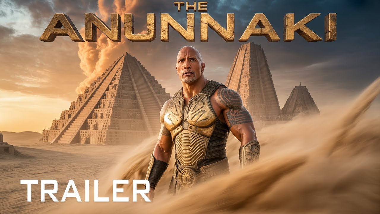 Anunnaki 2026 movie poster featuring Dwayne Johnson in desert with ancient pyramids
