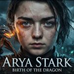 Arya Stark: Birth of the Dragon poster featuring Maisie Williams as Arya Stark face-to-face with a small black dragon with glowing orange eyes in a dramatic fire-lit scene