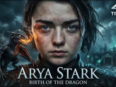 Arya Stark: Birth of the Dragon poster featuring Maisie Williams as Arya Stark face-to-face with a small black dragon with glowing orange eyes in a dramatic fire-lit scene