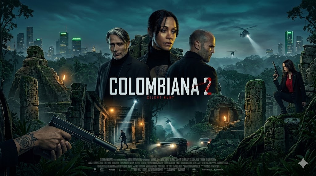 Official cinematic poster for Colombiana 2: Silent Hunt starring Zoe Saldana, Jason Statham, and Mads Mikkelsen in 16:9 aspect ratio.