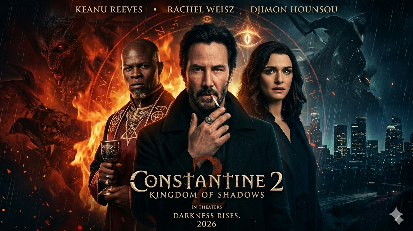 Constantine 2: Kingdom of Shadows official movie poster starring Keanu Reeves, Rachel Weisz, and Djimon Hounsou