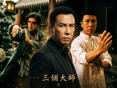 Donnie Yen, Jackie Chan and Arnold Chow as The Three Martial Arts Masters in dramatic action pose