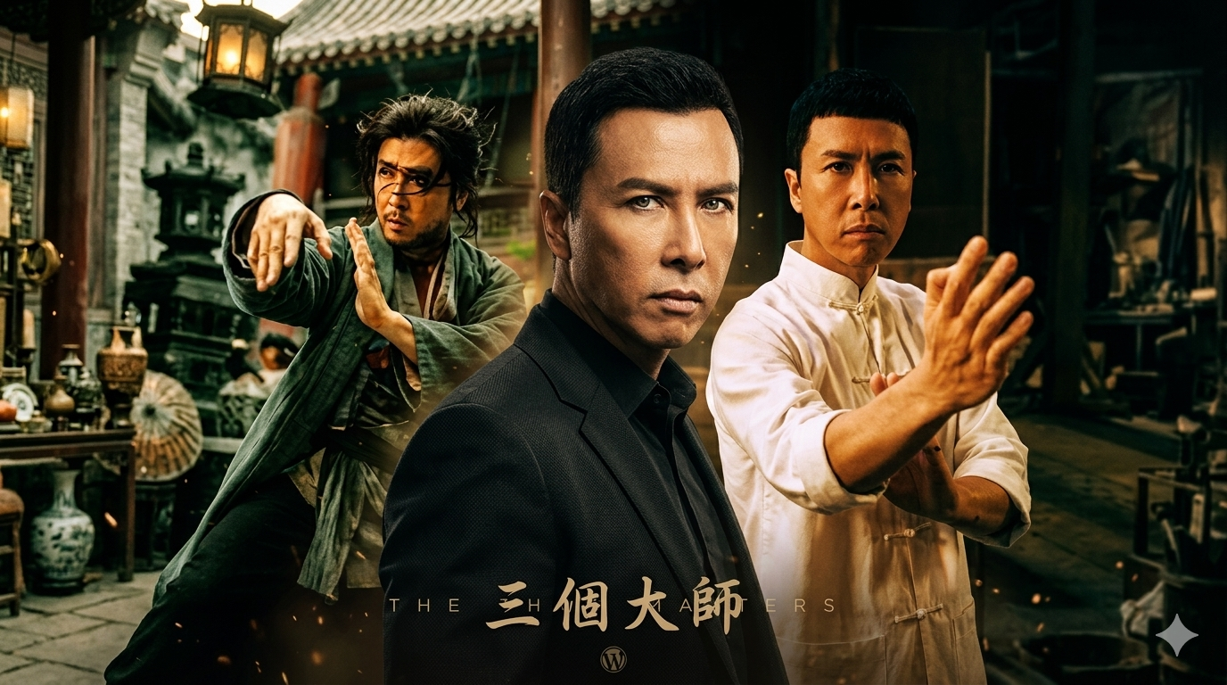 Donnie Yen, Jackie Chan and Arnold Chow as The Three Martial Arts Masters in dramatic action pose