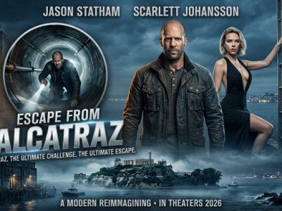 Escape from Alcatraz 2026 official poster starring Jason Statham and Scarlett Johansson