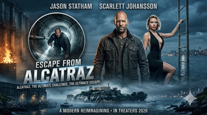 Escape from Alcatraz 2026 official poster starring Jason Statham and Scarlett Johansson