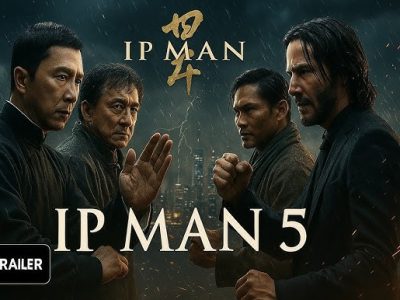 "Ip Man 5 trailer poster with Donnie Yen as Ip Man, Jackie Chan, and Keanu Reeves in an epic martial arts showdown"