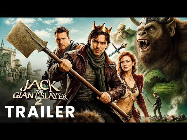Jack the Giant Slayer 2 official trailer poster featuring Nicholas Hoult as Jack wearing a crown and holding a giant axe, alongside Ewan McGregor, Eleanor Tomlinson, and a roaring giant monster