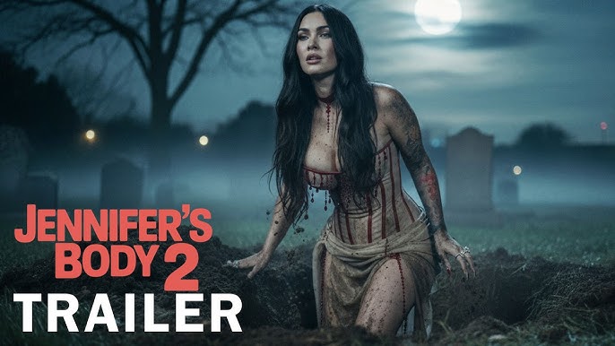 Megan Fox covered in blood rising from a grave in Jennifer's Body 2 2026 concept trailer spooky cemetery night scene