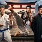 : Main cast of Karate Kid Legends including Jackie Chan, Ralph Macchio, and Ben Wang.