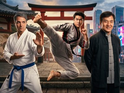 : Main cast of Karate Kid Legends including Jackie Chan, Ralph Macchio, and Ben Wang.