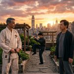 Daniel LaRusso and Mr. Han standing together in New York City for Karate Kid Legends 2026.