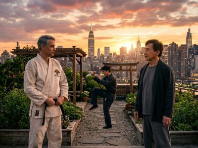 Daniel LaRusso and Mr. Han standing together in New York City for Karate Kid Legends 2026.