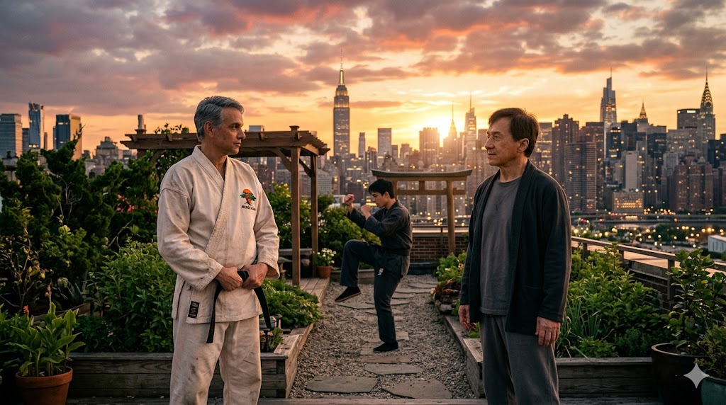 Daniel LaRusso and Mr. Han standing together in New York City for Karate Kid Legends 2026.