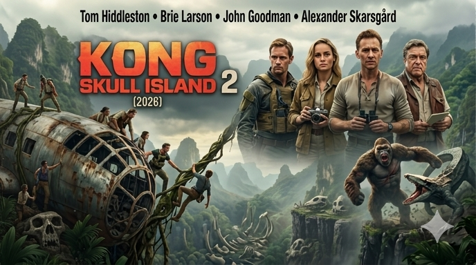 Kong Skull Island 2 2026 official poster featuring Tom Hiddleston, Brie Larson, John Goodman and Alexander Skarsgård