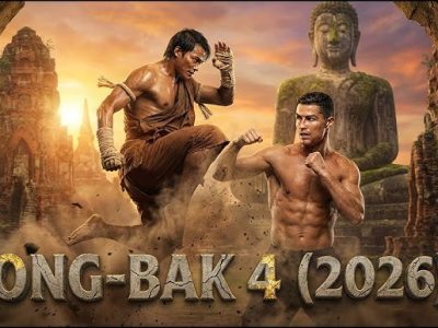 "Ong-Bak 4 official poster 2026 with Tony Jaa performing a high kick and Cristiano Ronaldo in a fighting stance at ancient temple ruins"