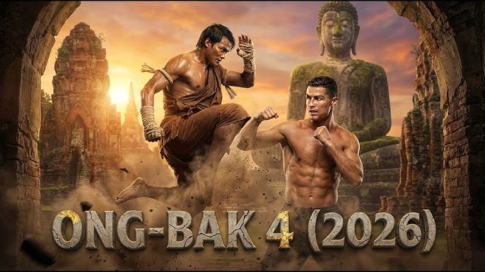 "Ong-Bak 4 official poster 2026 with Tony Jaa performing a high kick and Cristiano Ronaldo in a fighting stance at ancient temple ruins"