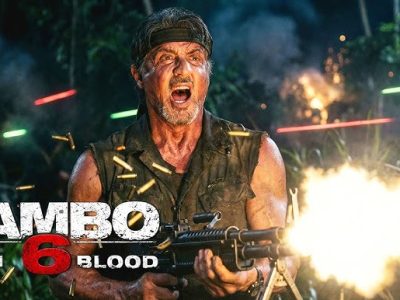 "Rambo 6 New Blood poster featuring Sylvester Stallone holding a machine gun with intense action scene, explosions and bullet casings"