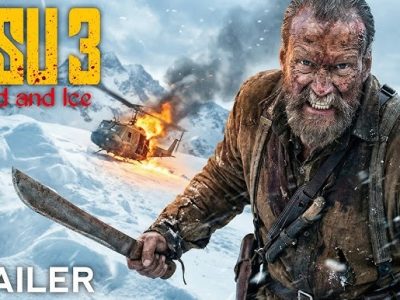 Sisu 3 Blood and Ice official trailer poster featuring Jorma Tommila as the bearded warrior holding a large knife in a snowy battlefield with explosions and burning tank in the background