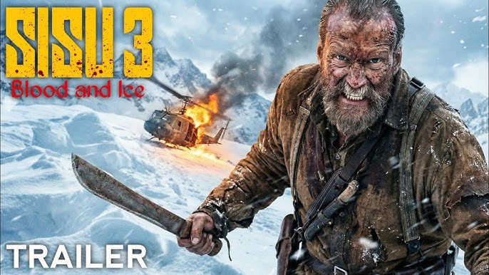 Sisu 3 Blood and Ice official trailer poster featuring Jorma Tommila as the bearded warrior holding a large knife in a snowy battlefield with explosions and burning tank in the background