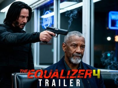 Keanu Reeves pointing a handgun at Denzel Washington’s head in a tense scene from The Equalizer 4 trailer