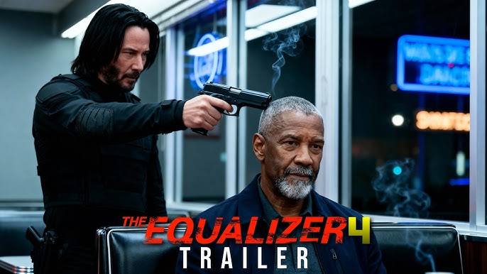 Keanu Reeves pointing a handgun at Denzel Washington’s head in a tense scene from The Equalizer 4 trailer