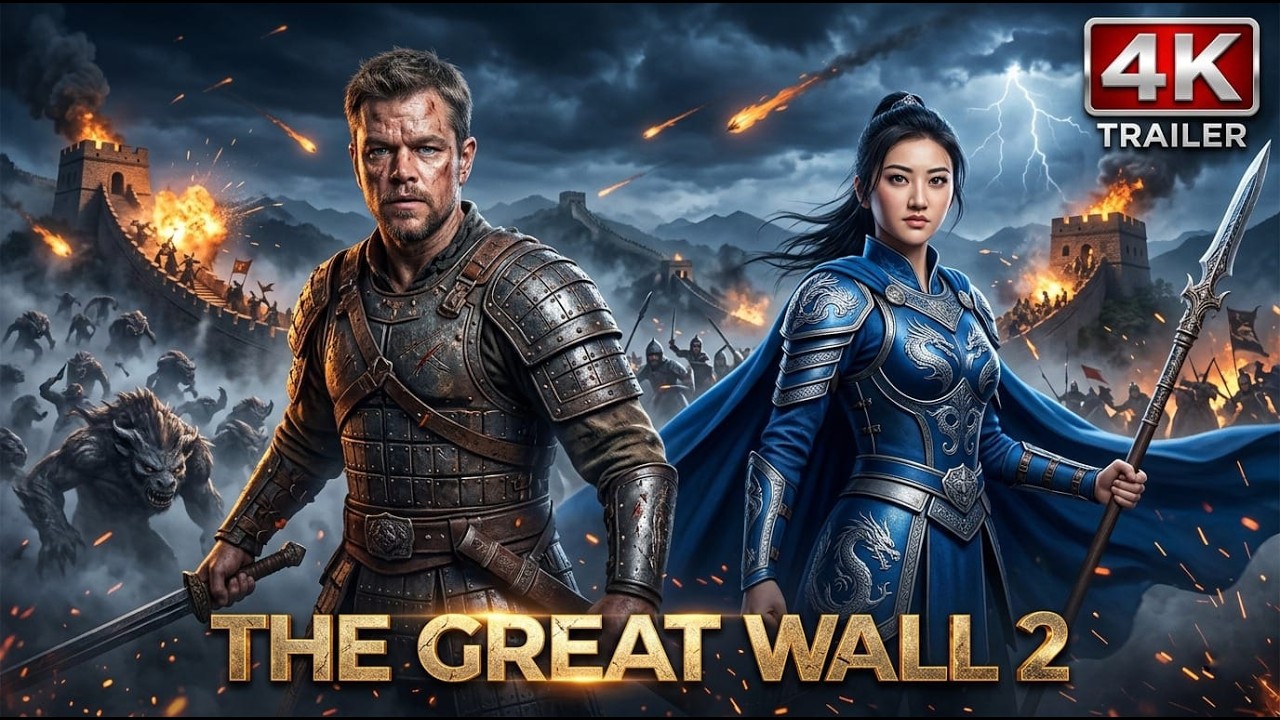 The Great Wall 2 2026 official concept trailer poster featuring Matt Damon and Jing Tian in epic battle