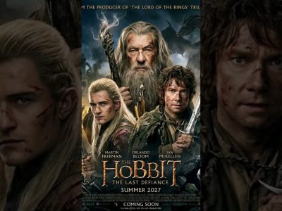 The Hobbit The Last Defiance 2027 official poster with Martin Freeman as Bilbo, Ian McKellen as Gandalf, Orlando Bloom as Legolas and battle-scarred heroes