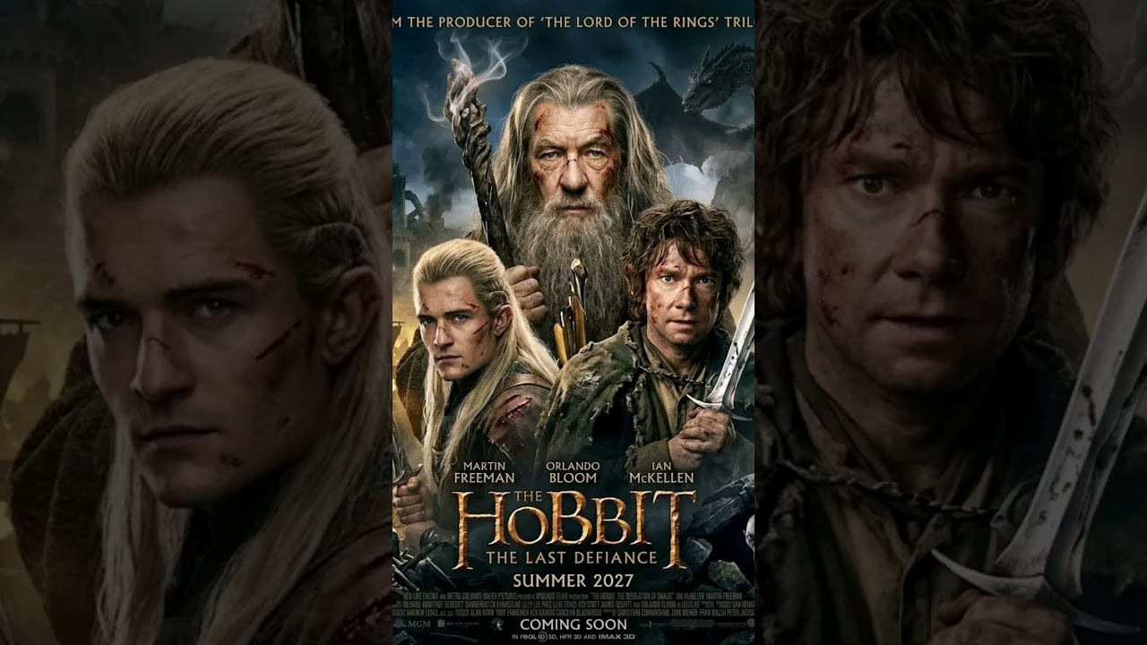 The Hobbit The Last Defiance 2027 official poster with Martin Freeman as Bilbo, Ian McKellen as Gandalf, Orlando Bloom as Legolas and battle-scarred heroes