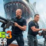 The Meg 3 movie scene featuring Jason Statham and Arnold Schwarzenegger using harpoon guns against a giant shark on a boat.