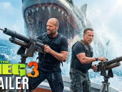 The Meg 3 movie scene featuring Jason Statham and Arnold Schwarzenegger using harpoon guns against a giant shark on a boat.