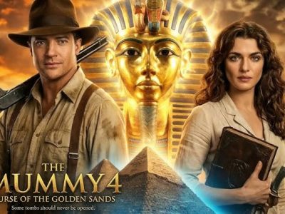 The Mummy 4 Curse of the Golden Sands - Brendan Fraser and Rachel Weisz with Pharaoh mask and pyramids