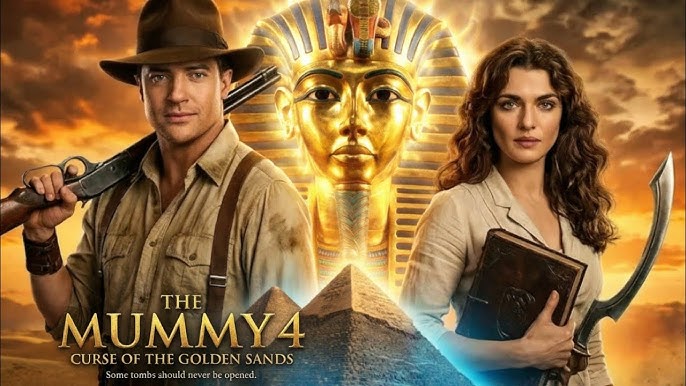 The Mummy 4 Curse of the Golden Sands - Brendan Fraser and Rachel Weisz with Pharaoh mask and pyramids