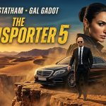 Action-packed movie poster for The Transporter 5 with Jason Statham and Gal Gadot in a dramatic desert landscape at sunset.