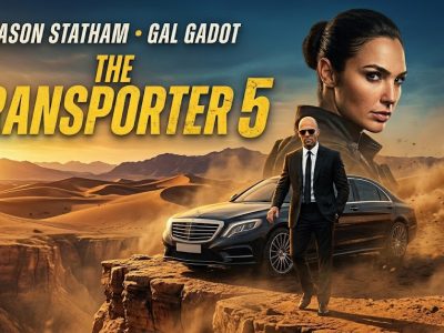 Action-packed movie poster for The Transporter 5 with Jason Statham and Gal Gadot in a dramatic desert landscape at sunset.