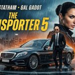 Official movie poster of The Transporter 5 featuring Jason Statham and Gal Gadot on a rainy rooftop with a black Mercedes-Benz.