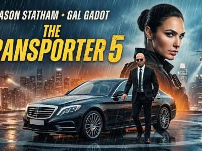 Official movie poster of The Transporter 5 featuring Jason Statham and Gal Gadot on a rainy rooftop with a black Mercedes-Benz.