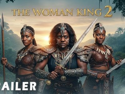 "The Woman King 2 trailer poster with three fierce female warriors holding weapons in a jungle setting at sunset"