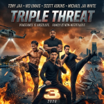Triple Threat 3 official movie poster featuring Tony Jaa, Iko Uwais, Scott Adkins, and Michael Jai White in an explosive action scene