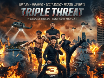 Triple Threat 3 official movie poster featuring Tony Jaa, Iko Uwais, Scott Adkins, and Michael Jai White in an explosive action scene